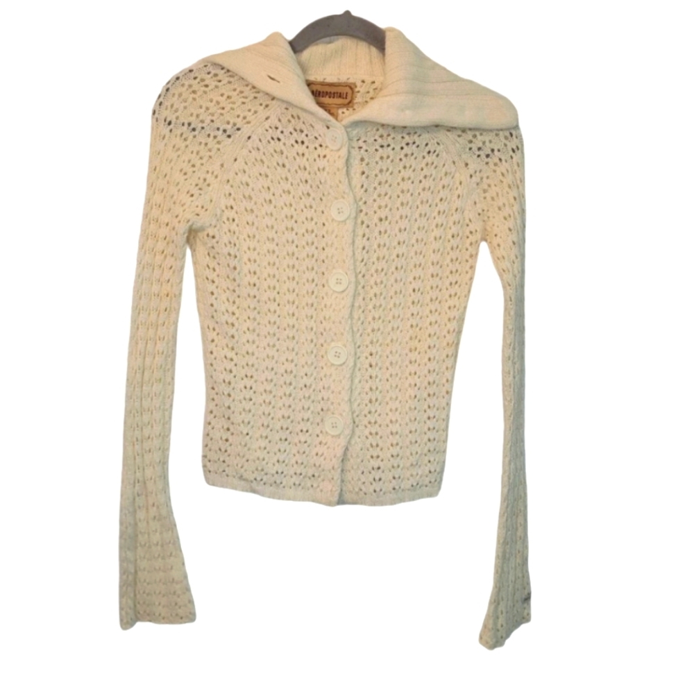 Aeropostale Ivory Open Weave Crochet Button Up Cardigan Size XS